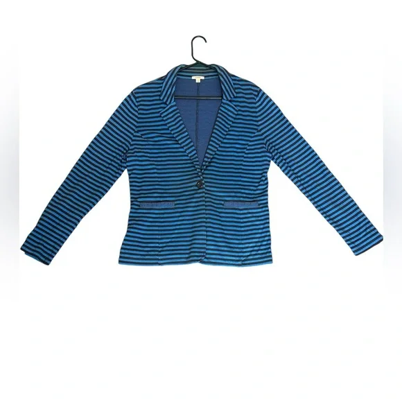 Caslon Women’s Size Large Cotton Knit Blue Stripe One Button relaxed fit Blazer - Picture 3 of 8